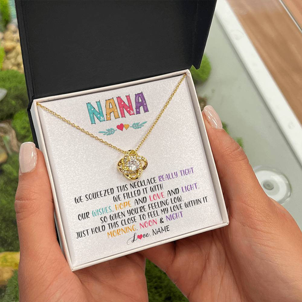 Love Knot Necklace 18K Yellow Gold Finish | 2 | Personalized To My Nana Necklace From Grandkids Granddaughter We Squeezed This Necklace Nana Birthday Mothers Day Christmas Customized Gift Box Message Card | siriusteestore