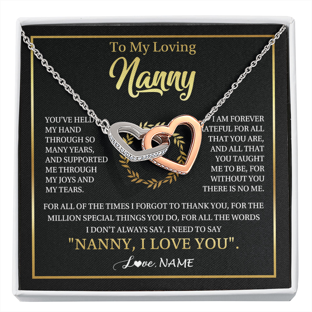 Interlocking Hearts Necklace Stainless Steel & Rose Gold Finish | 1 | Personalized To My Nanny Gifts Necklace From Granddaughter Grandkids Grateful Thank You Nanny Birthday Mothers Day Christmas Customized Gift Box Message Card | siriusteestore