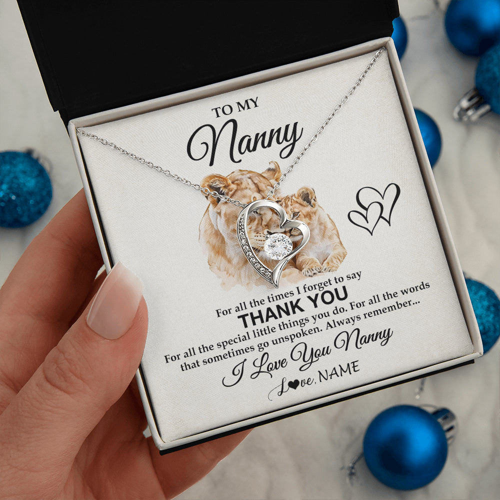 Forever Love Necklace 14K White Gold Finish | 2 | Personalized To My Nanny Necklace From Granddaughter Thank You Lion Nanny Gift For Mothers Day Birthday Gift Christmas For Nanny Gift Box Message Card | siriusteestore