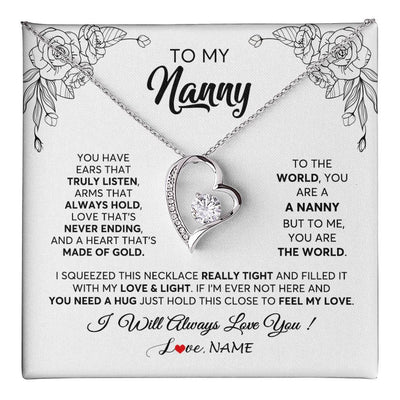Forever Love Necklace 14K White Gold Finish | 1 | Personalized To My Nanny Necklace From Kids Hold This Close Feel My Love Nanny Birthday Mothers Day Christmas Jewelry Pendant Customized Gift Box Message Card | siriusteestore