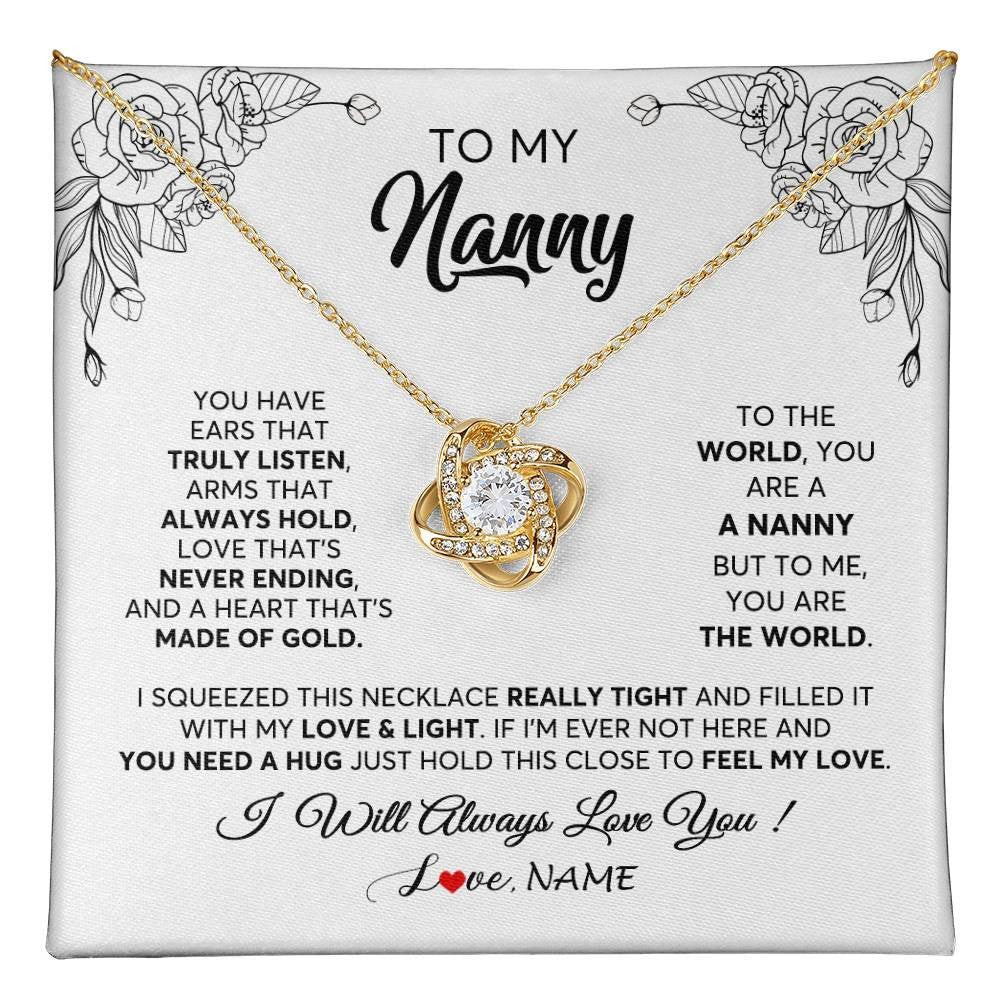 Love Knot Necklace 18K Yellow Gold Finish | 1 | Personalized To My Nanny Necklace From Kids Hold This Close Feel My Love Nanny Birthday Mothers Day Christmas Jewelry Pendant Customized Gift Box Message Card | siriusteestore