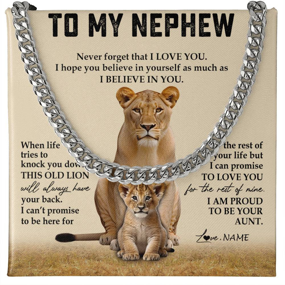 Cuban Link Chain Necklace Stainless Steel | 1 | Personalized To My Nephew Cuban Necklace From Aunt Auntie Never Forget That I Love You Lion Nephew Birthday Christmas Customized Gift Box Message Card | siriusteestore