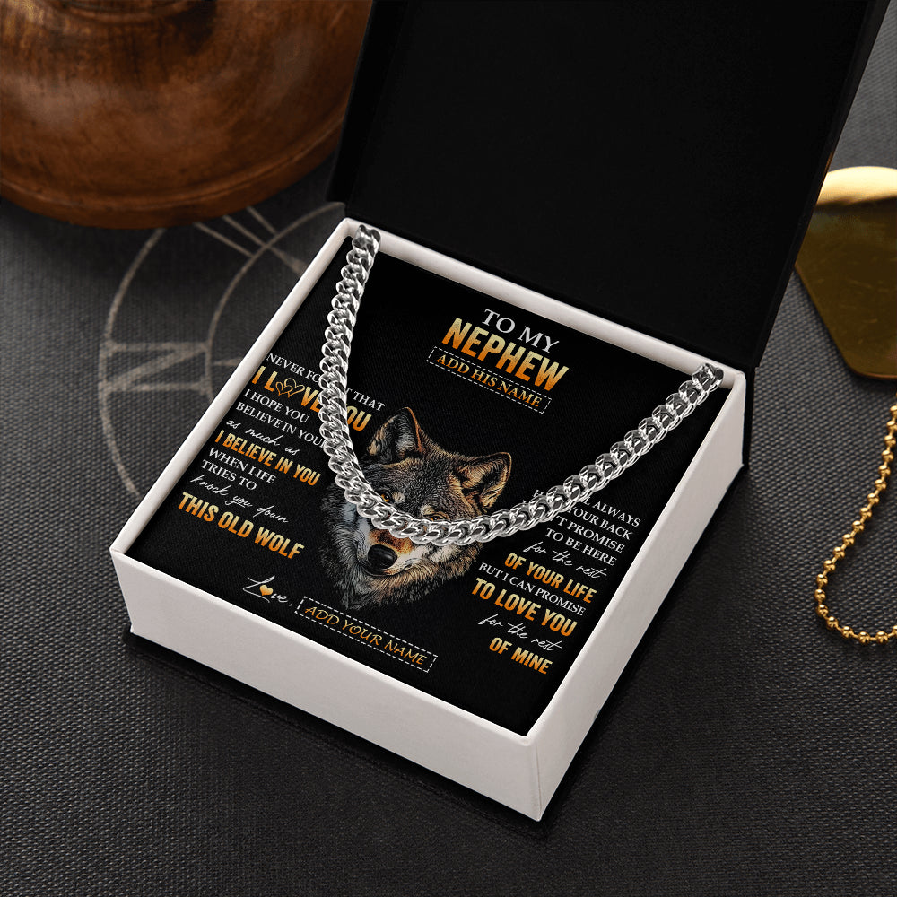 Cuban Link Chain Necklace Stainless Steel | 2 | Personalized To My Nephew Gifts From Uncle Aunt Auntie Necklace Old Wolf Love You Nephew Birthday Gifts Graduation Christmas Customized Gift Box Message Card | siriusteestore