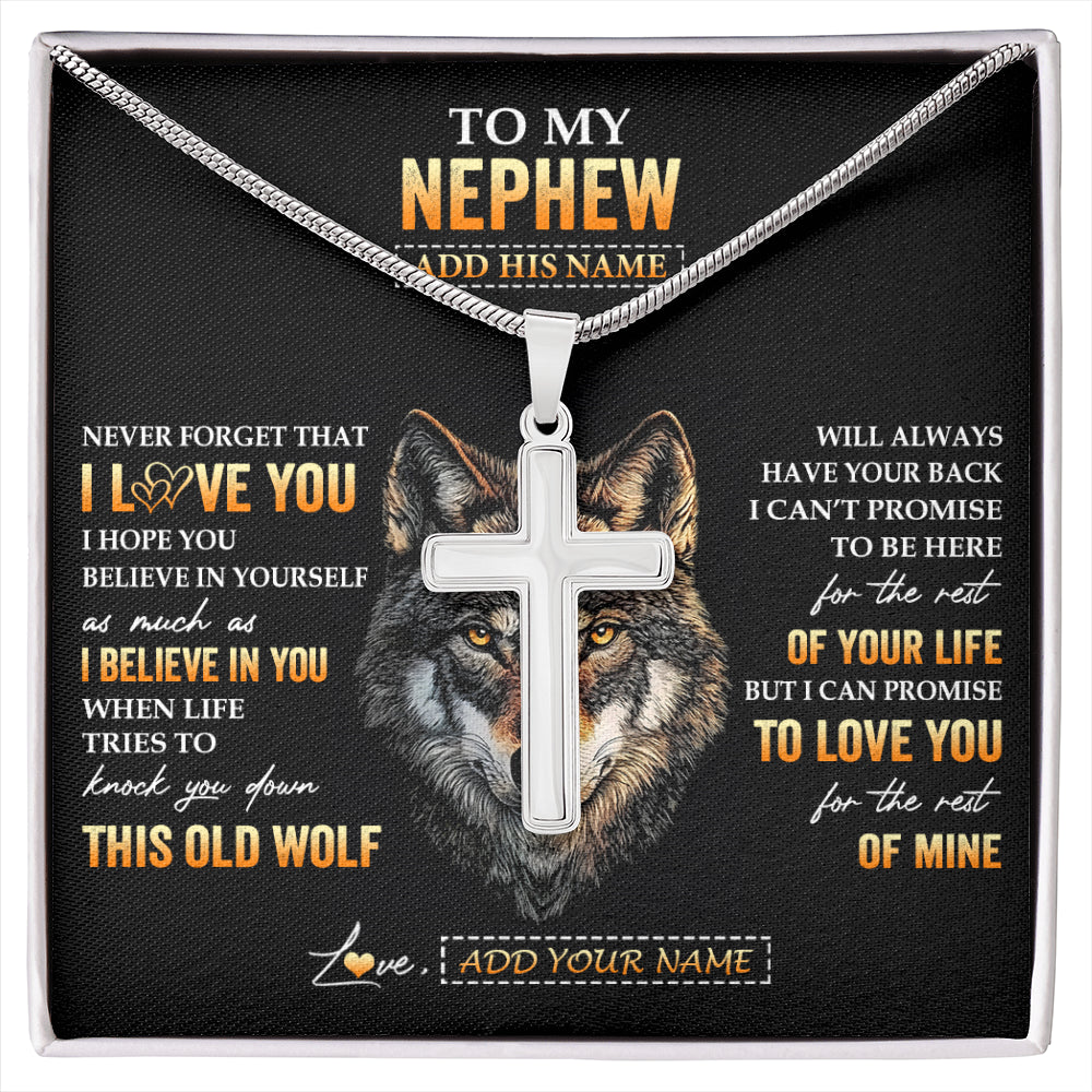 Stainless Cross Necklace Stainless Steel | 1 | Personalized To My Nephew Gifts From Uncle Aunt Auntie Necklace Old Wolf Love You Nephew Birthday Gifts Graduation Christmas Customized Gift Box Message Card | siriusteestore