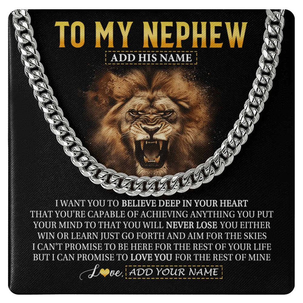 Cuban Link Chain Necklace Stainless Steel | 1 | Personalized To My Nephew Gifts Necklace From Uncle Aunt Believe In Your Heart Lion Nephew Birthday Gifts Graduation Christmas Custom Gift Box Message Card | https://siriusteestore.