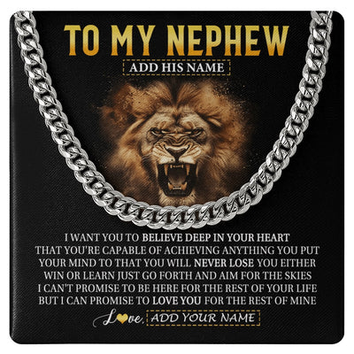 Cuban Link Chain Necklace Stainless Steel | 1 | Personalized To My Nephew Gifts Necklace From Uncle Aunt Believe In Your Heart Lion Nephew Birthday Gifts Graduation Christmas Custom Gift Box Message Card | https://siriusteestore.