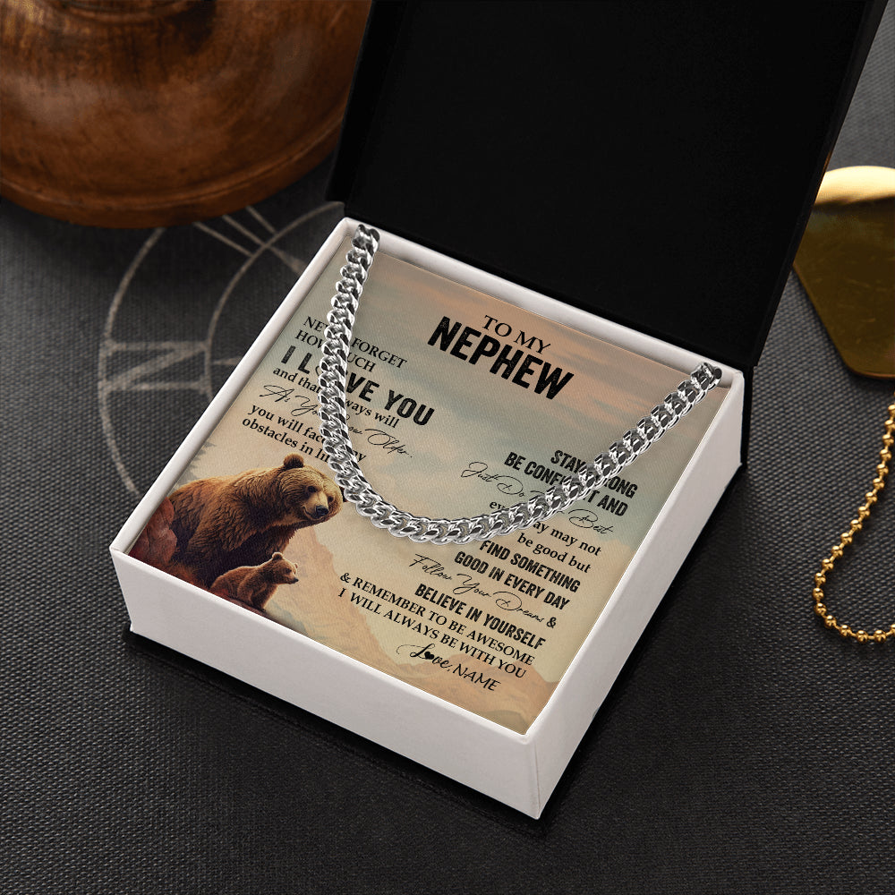 Cuban Link Chain Necklace Stainless Steel | 2 | Personalized To My Nephew I Love You Forever Necklace From Aunt Uncle Bear Nephew Birthday Gifts Graduation Christmas Customized Gift Box Message Card | siriusteestore