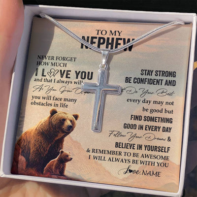 Stainless Cross Necklace Stainless Steel | 2 | Personalized To My Nephew I Love You Forever Necklace From Aunt Uncle Bear Nephew Birthday Gifts Graduation Christmas Customized Gift Box Message Card | siriusteestore