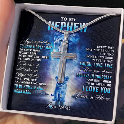 Stainless Cross Necklace Stainless Steel | 2 | Personalized To My Nephew Lion Necklace From Aunt Auntie Every Day Laugh Love Live Nephew Birthday Graduation Christmas Customized Gift Box Message Card | siriusteestore