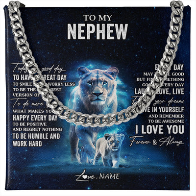 Cuban Link Chain Necklace Stainless Steel | 1 | Personalized To My Nephew Lion Necklace From Aunt Auntie Today Is A Good Day Nephew Gifts Birthday Graduation Christmas Customized Gift Box Message Card | siriusteestore