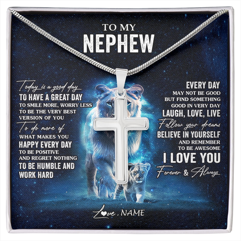 Stainless Cross Necklace Stainless Steel | 1 | Personalized To My Nephew Lion Necklace From Aunt Auntie Today Is A Good Day Nephew Gifts Birthday Graduation Christmas Customized Gift Box Message Card | siriusteestore