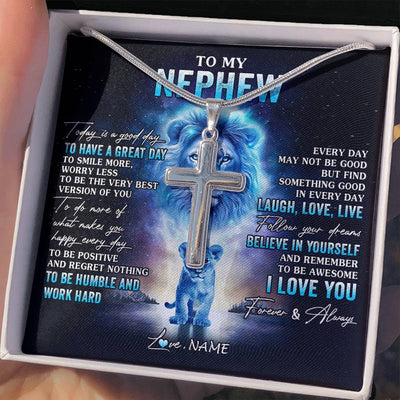 Stainless Cross Necklace Stainless Steel | 2 | Personalized To My Nephew Lion Necklace From Uncle Every Day Laugh Love Live Nephew Jewelry Birthday Graduation Christmas Customized Gift Box Message Card | siriusteestore