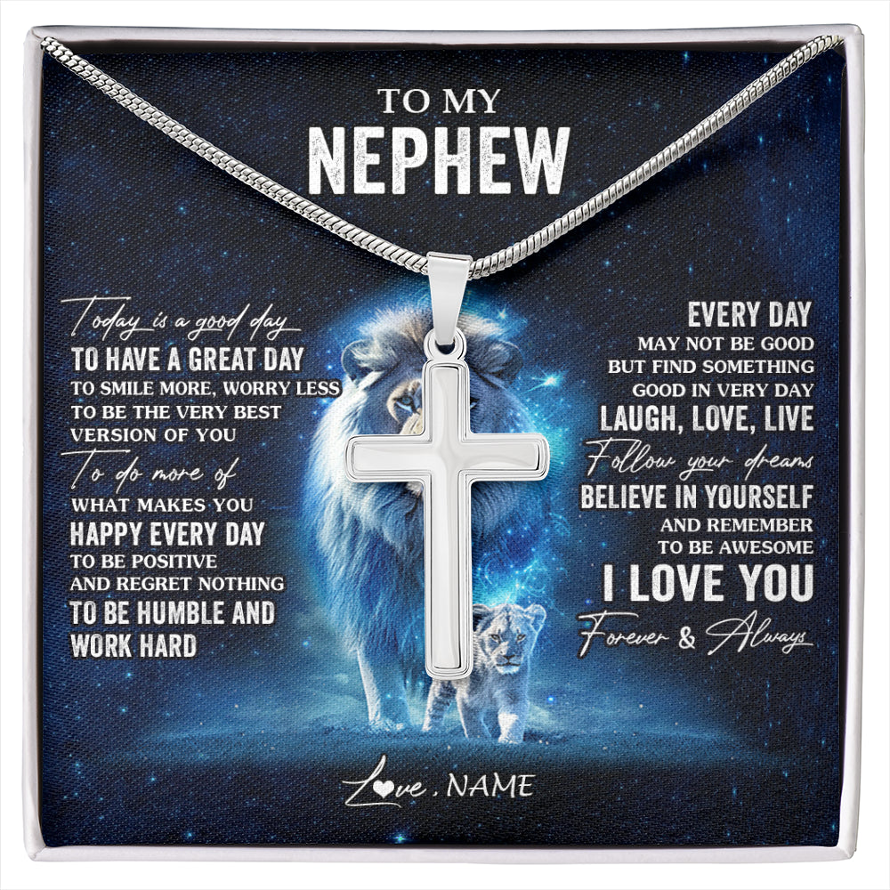 Stainless Cross Necklace Stainless Steel | 1 | Personalized To My Nephew Lion Necklace From Uncle Today Is A Good Day Nephew Gifts Birthday Graduation Christmas Customized Gift Box Message Card | siriusteestore