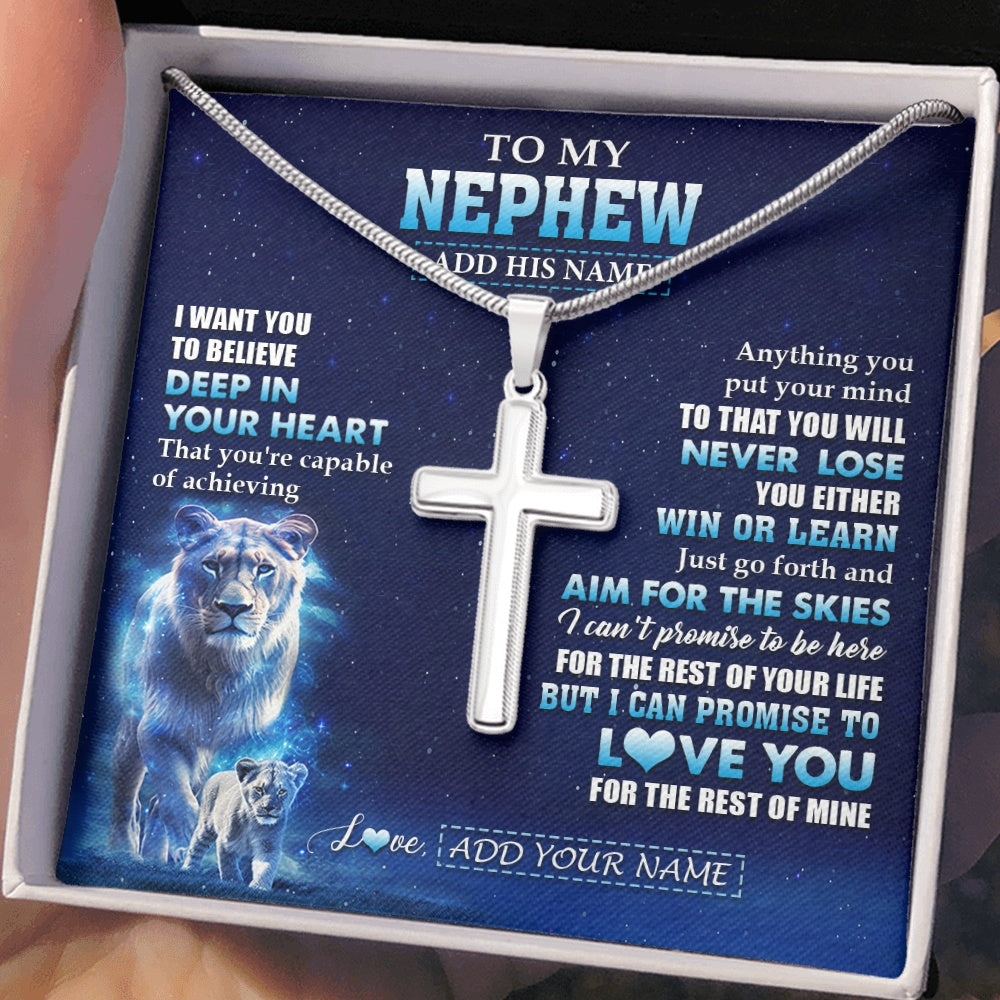 Stainless Cross Necklace Stainless Steel | 2 | Personalized To My Nephew Necklace From Aunt Auntie Believe Your Heart Nephew Gift Birthday Graduation Christmas Customized Gift Box Message Card | siriusteestore.myshopify
