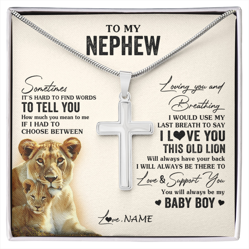 Stainless Cross Necklace Stainless Steel | 1 | Personalized To My Nephew Necklace From Aunt Auntie I Love You This Old Lion Nephew Birthday Graduation Christmas Customized Gift Box Message Card | siriusteestore