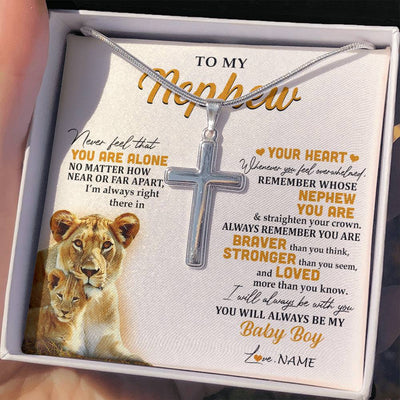 Stainless Cross Necklace Stainless Steel | 2 | Personalized To My Nephew Necklace From Aunt Auntie Lion Never Feel That You Are Alone Great Nephew Birthday Christmas Customized Gift Box Message Card | siriusteestore