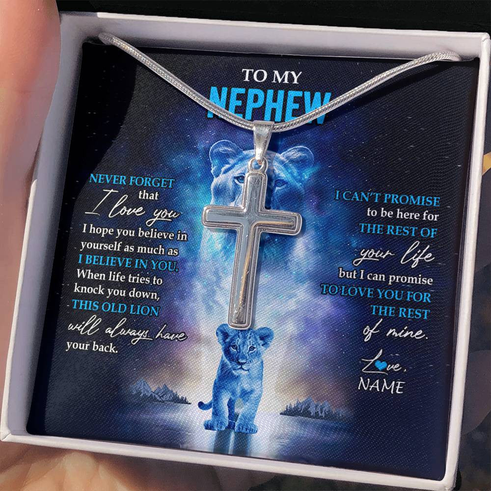 Stainless Cross Necklace Stainless Steel | 2 | Personalized To My Nephew Necklace From Aunt Auntie Never Forget I Love You Lion Nephew Jewelry Birthday Graduation Christmas Customized Message Card | siriusteestore