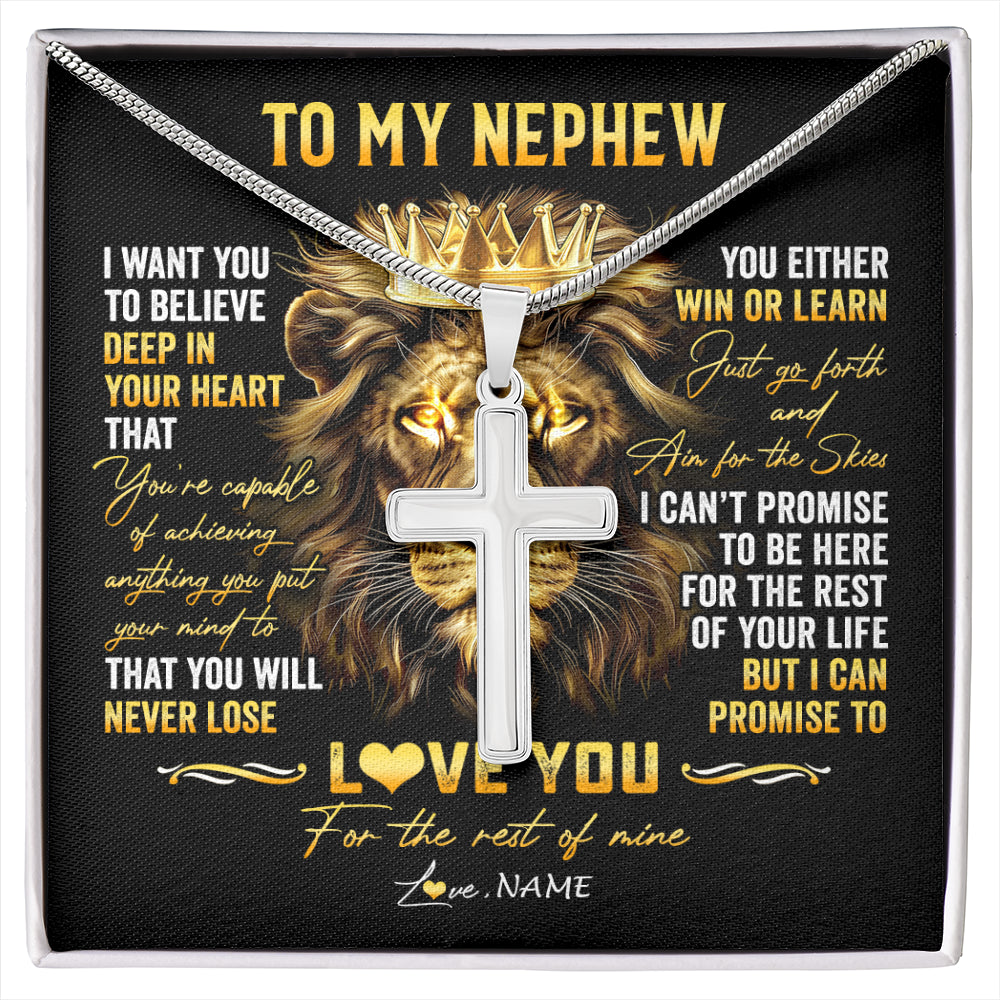 Stainless Cross Necklace Stainless Steel | 1 | Personalized To My Nephew Necklace From Aunt Auntie Uncle You Will Never Lose Lion Nephew Birthday Graduation Christmas Customized Gift Box Message Card | siriusteestore