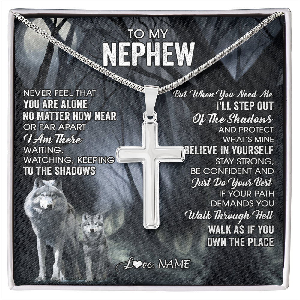 Stainless Cross Necklace Stainless Steel | 1 | Personalized To My Nephew Necklace From Aunt Never Feel That You Are Alone Wolf Nephew Birthday Gifts Graduation Christmas Customized Gift Box Message Card | siriusteestore