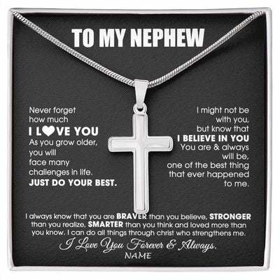 Stainless Cross Necklace | Personalized To My Nephew Necklace From Aunt Uncle Auntie Smarter Than You Think Nephew Birthday Christmas Customized Gift Box Message Card | siriusteestore