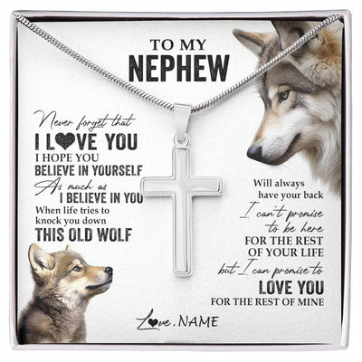 Stainless Cross Necklace Stainless Steel | 1 | Personalized To My Nephew Necklace From Aunt Uncle Auntie This Old Wolf Love You Nephew Birthday Graduation Christmas Customized Gift Box Message Card | siriusteestore