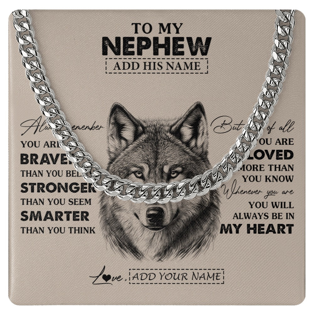 Cuban Link Chain Necklace Stainless Steel | 1 | Personalized To My Nephew Necklace From Aunt Uncle Auntie Wolf Braver Stronger Smarter Nephew Birthday Graduation Christmas Customized Gift Box Message Card | siriusteestore.myshopify