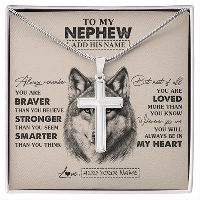 Stainless Cross Necklace Stainless Steel | 1 | Personalized To My Nephew Necklace From Aunt Uncle Auntie Wolf Braver Stronger Smarter Nephew Birthday Graduation Christmas Customized Gift Box Message Card | siriusteestore.myshopify