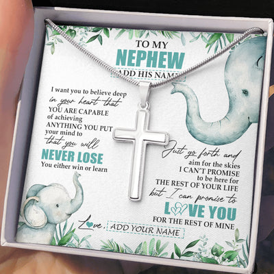Stainless Cross Necklace Stainless Steel | 2 | Personalized To My Nephew Necklace From Aunt Uncle Auntie You Will Never Lose Elephant Nephew Birthday Gifts Graduation Christmas Custom Gift Box Message Card | siriusteestore