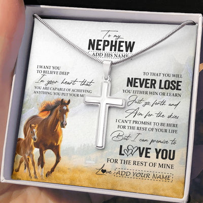 Stainless Cross Necklace Stainless Steel | 2 | Personalized To My Nephew Necklace From Aunt Uncle Auntie You Will Never Lose Horse Nephew Birthday Gifts Graduation Christmas Custom Gift Box Message Card | siriusteestore