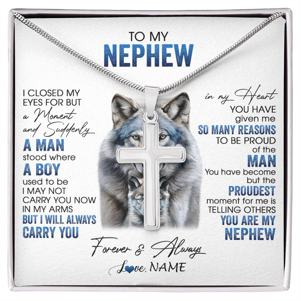 Stainless Cross Necklace Stainless Steel | 1 | Personalized To My Nephew Necklace From Aunt Uncle I Close My Eyes For But A Moment Wolf Nephew Birthday Gifts Christmas Customized Gift Box Message Card | siriusteestore
