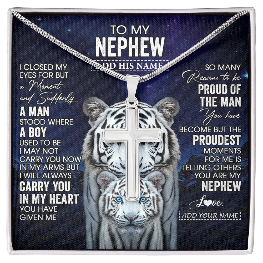 Stainless Cross Necklace Stainless Steel | 1 | Personalized To My Nephew Necklace From Aunt Uncle I Close My Eyes White Tiger Nephew Birthday Gift Graduation Christmas Custom Gift Box Message Card | https://siriusteestore.