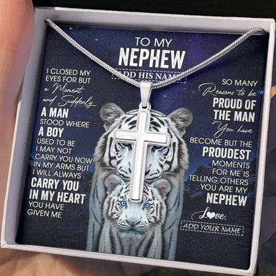 Stainless Cross Necklace Stainless Steel | 2 | Personalized To My Nephew Necklace From Aunt Uncle I Close My Eyes White Tiger Nephew Birthday Gift Graduation Christmas Custom Gift Box Message Card | https://siriusteestore.
