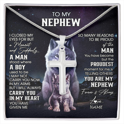 Stainless Cross Necklace Stainless Steel | 1 | Personalized To My Nephew Necklace From Aunt Uncle I Close My Eyes Wolf Nephew Birthday Gifts Graduation Christmas Customized Gift Box Message Card | siriusteestore