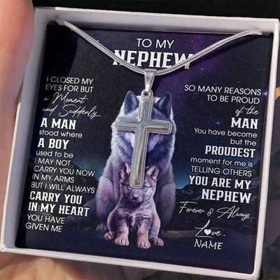 Stainless Cross Necklace Stainless Steel | 2 | Personalized To My Nephew Necklace From Aunt Uncle I Close My Eyes Wolf Nephew Birthday Gifts Graduation Christmas Customized Gift Box Message Card | siriusteestore