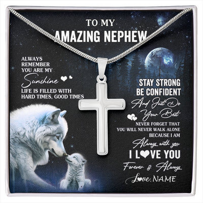 Stainless Cross Necklace Stainless Steel | 1 | Personalized To My Nephew Necklace From Aunt Uncle Moon Wolf Nephew Birthday Gifts Graduation Christmas Customized Gift Box Message Card | siriusteestore