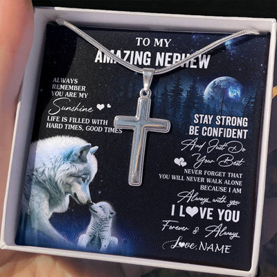 Stainless Cross Necklace Stainless Steel | 2 | Personalized To My Nephew Necklace From Aunt Uncle Moon Wolf Nephew Birthday Gifts Graduation Christmas Customized Gift Box Message Card | siriusteestore