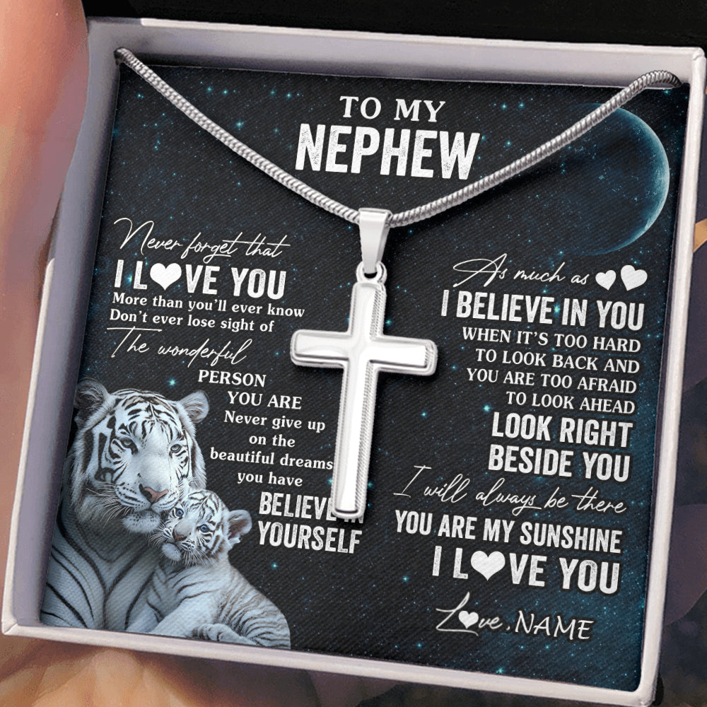 Stainless Cross Necklace Stainless Steel | 2 | Personalized To My Nephew Necklace From Aunt Uncle Never Forget I Love You White Tiger Nephew Birthday Graduation Christmas Customized Gift Box Message Card | siriusteestore