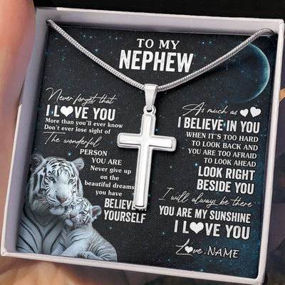 Stainless Cross Necklace Stainless Steel | 2 | Personalized To My Nephew Necklace From Aunt Uncle Never Forget I Love You White Tiger Nephew Birthday Graduation Christmas Customized Gift Box Message Card | siriusteestore