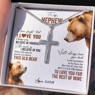 Stainless Cross Necklace Stainless Steel | 2 | Personalized To My Nephew Necklace From Aunt Uncle Never Forget That I Love You Bear Nephew Birthday Graduation Christmas Customized Gift Box Message Card | siriusteestore