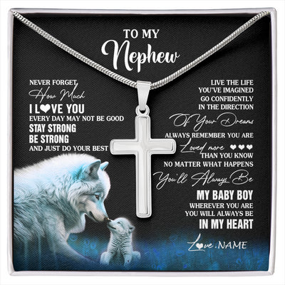 Stainless Cross Necklace Stainless Steel | 1 | Personalized To My Nephew Necklace From Aunt Uncle Wolf Never Forget How Much I Love You Nephew Birthday Gifts Christmas Customized Gift Box Message Card | siriusteestore