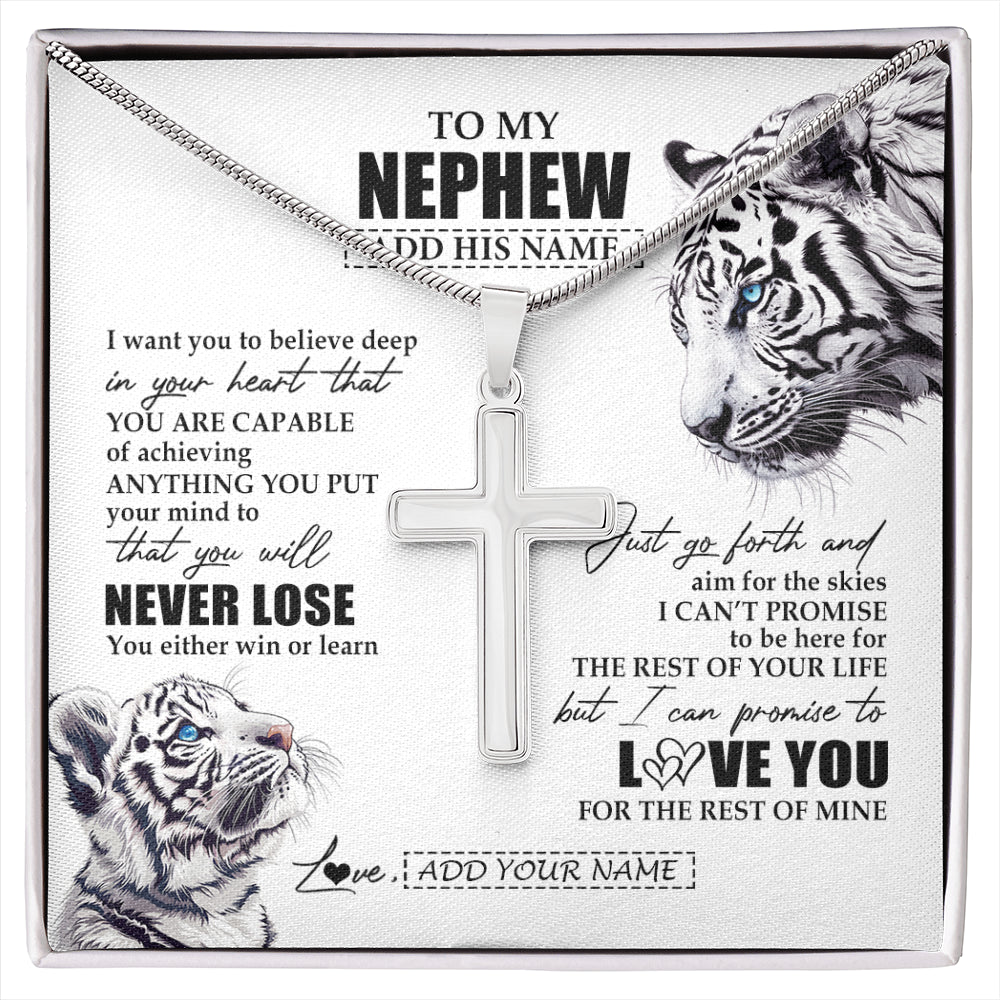 Stainless Cross Necklace Stainless Steel | 1 | Personalized To My Nephew Necklace From Aunt Uncle You Will Never Lose White Tiger Nephew Birthday Gifts Graduation Christmas Customized Gift Box Message Card | siriusteestore