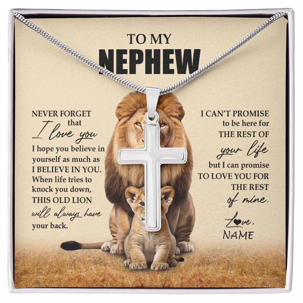 Stainless Cross Necklace Stainless Steel | 1 | Personalized To My Nephew Necklace From Uncle Lion Never Forget That I Love You Nephew Birthday Gifts Graduation Christmas Customized Message Card | siriusteestore