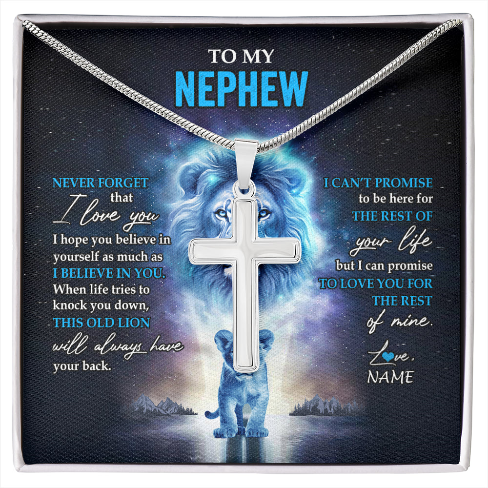 Stainless Cross Necklace Stainless Steel | 1 | Personalized To My Nephew Necklace From Uncle Never Forget I Love You Lion Nephew Jewelry Birthday Graduation Christmas Customized Message Card | siriusteestore