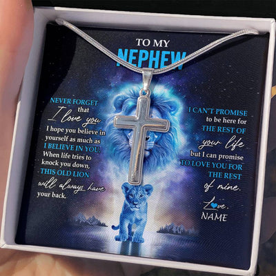 Stainless Cross Necklace Stainless Steel | 2 | Personalized To My Nephew Necklace From Uncle Never Forget I Love You Lion Nephew Jewelry Birthday Graduation Christmas Customized Message Card | siriusteestore