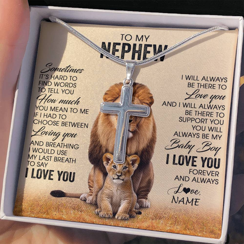 Stainless Cross Necklace Stainless Steel | 2 | Personalized To My Nephew Necklace From Uncle Sometimes It's Hard Lion Nephew Gift Birthday Jewelry Graduation Christmas Customized Gift Box Message Card | siriusteestore