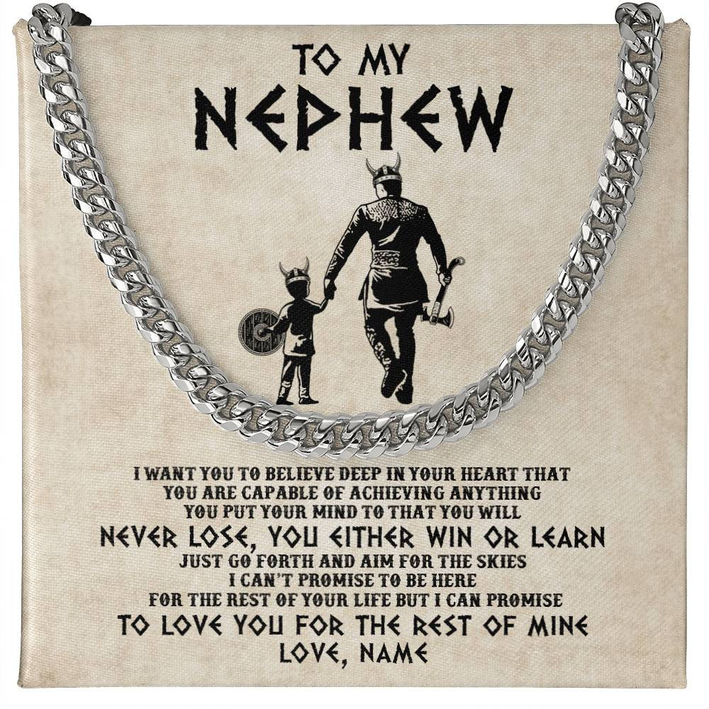 Cuban Link Chain Necklace Stainless Steel | 1 | Personalized To My Nephew Necklace From Uncle You Will Never Lose Viking Nephew Birthday Graduation Thanksgiving Christmas Customized Gift Box Message Card | siriusteestore