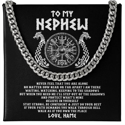 Cuban Link Chain Necklace Stainless Steel | 1 | Personalized To My Nephew Necklace Viking Never Feel You Are Alone Odin Scandinavian Norse Runes Nephew Birthday Christmas Customized Gift Message Card | siriusteestore
