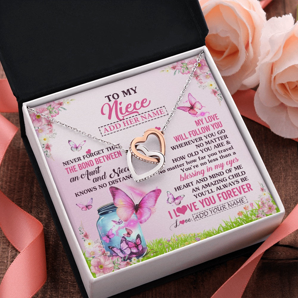 Interlocking Hearts Necklace Stainless Steel & Rose Gold Finish | 2 | Personalized To My Niece Butterfly Necklace From Aunt Auntie The Bond Between Niece Birthday Gifts Graduation Christmas Custom Jewelry Gift Box Message Card | https://siriusteestore.