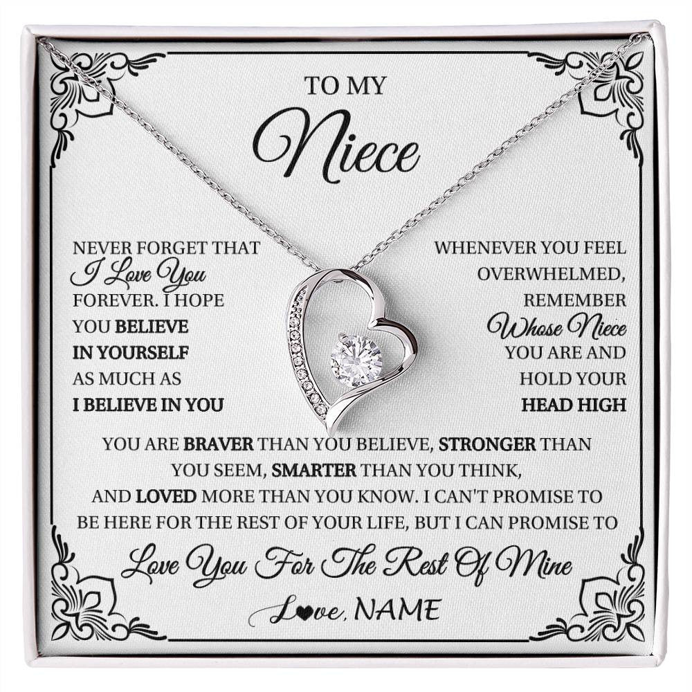 Forever Love Necklace 14K White Gold Finish | 1 | Personalized To My Niece Gift Necklace From Aunt Uncle I Love You Believe In You Niece Birthday Gifts Graduation Christmas Customized Gift Box Message Card | siriusteestore
