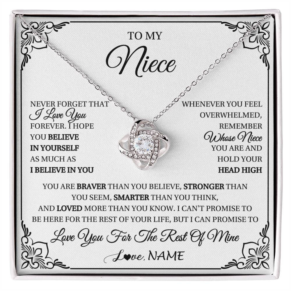 Love Knot Necklace 14K White Gold Finish | 1 | Personalized To My Niece Gift Necklace From Aunt Uncle I Love You Believe In You Niece Birthday Gifts Graduation Christmas Customized Gift Box Message Card | siriusteestore